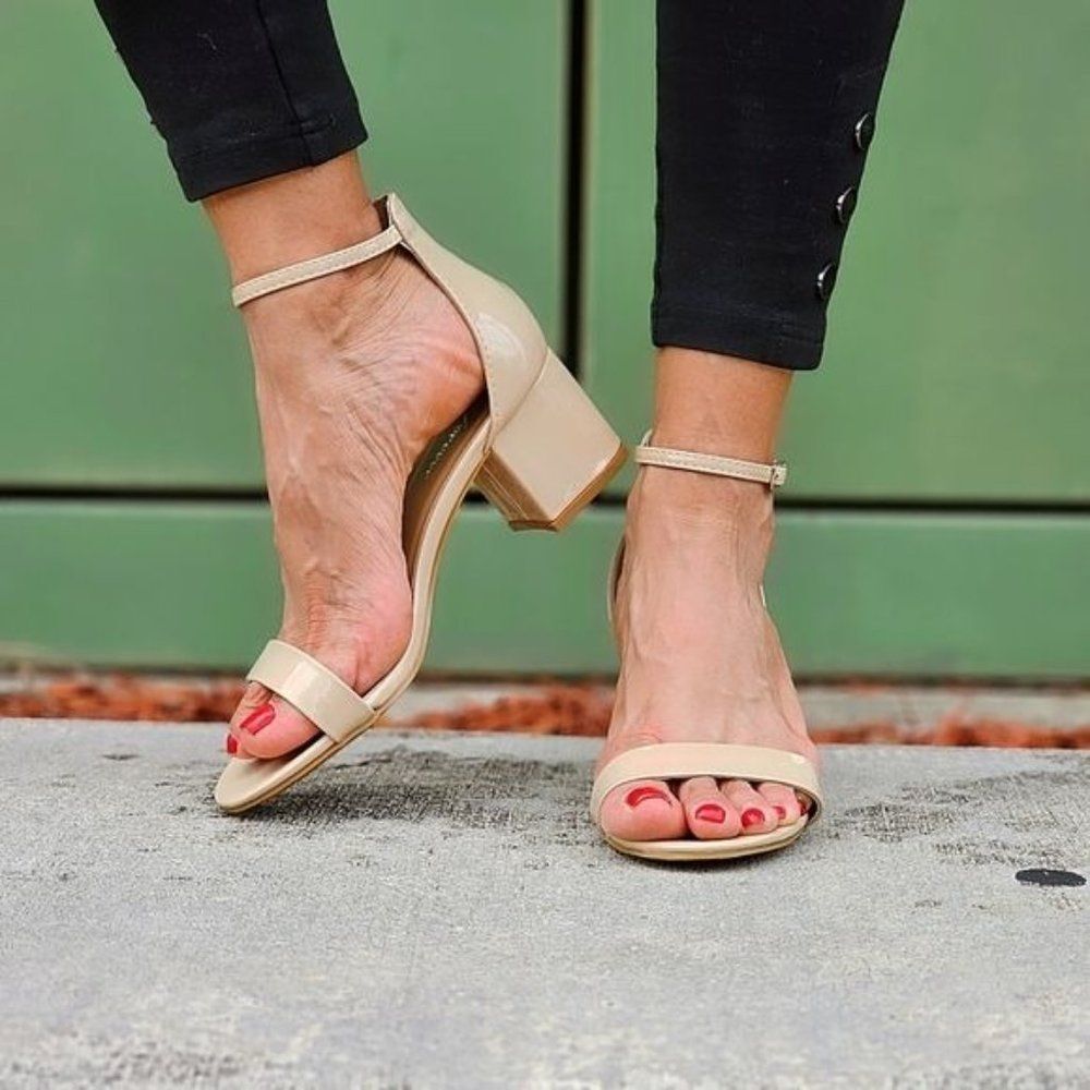 Women Ankle Straps Low Chunky Heels Sandals Beige Color - Picture 3 of 6